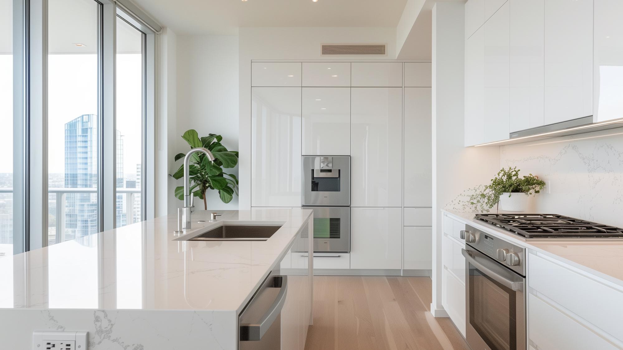 Modern kitchen featuring a sleek white design with a large island, stainless steel appliances, and a plant on the countertop, set against large windows offering a view of tall buildings.