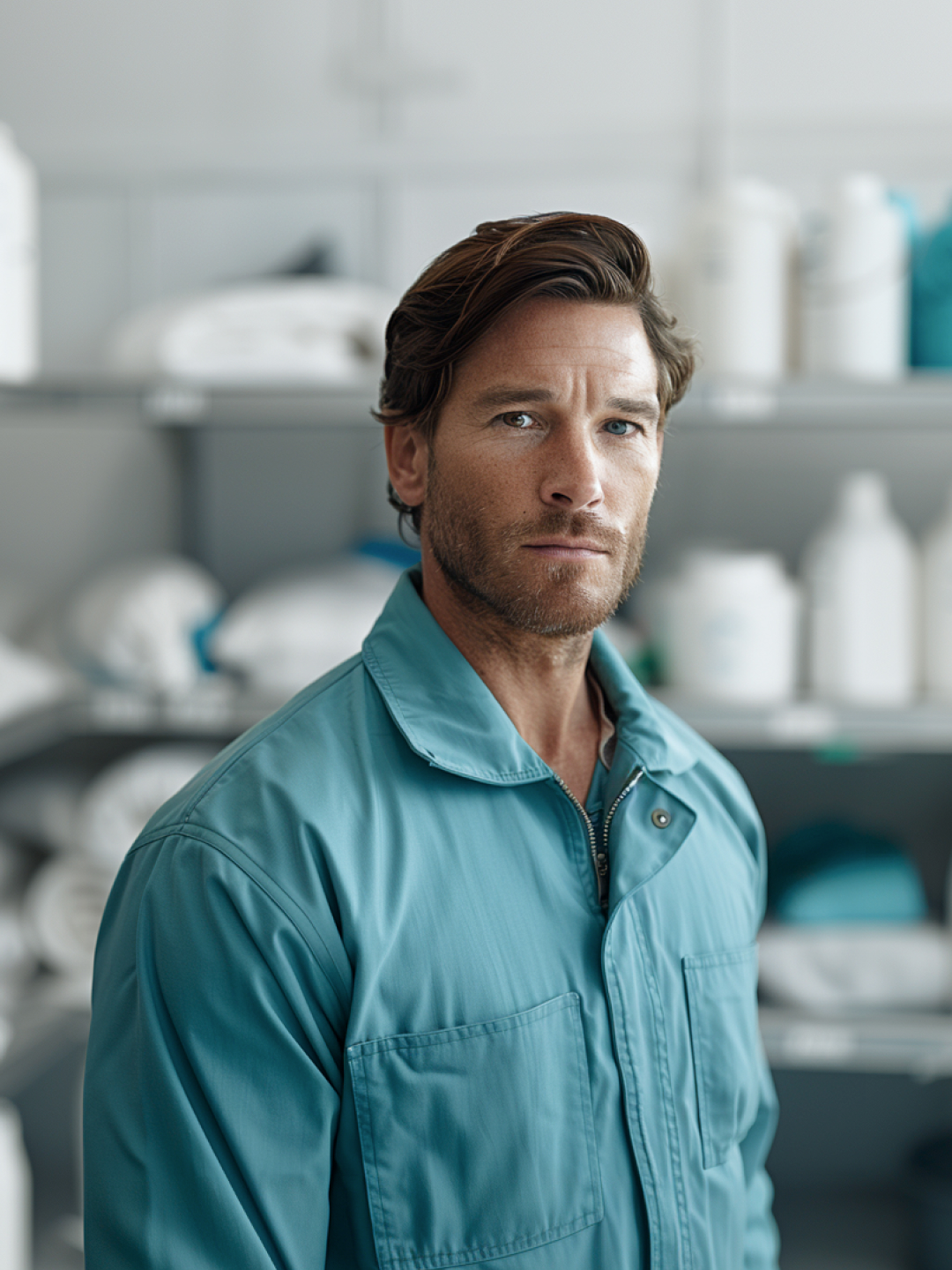A man in a teal work jacket stands in a room with shelves in the background filled with various containers and supplies. He has short, tousled hair and a serious expression.